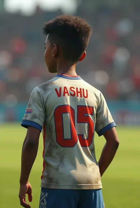 Footballer boy age of 14
whose name is Vashu and gersy no is 05 from back side and his skin tone is colour is like Indian

