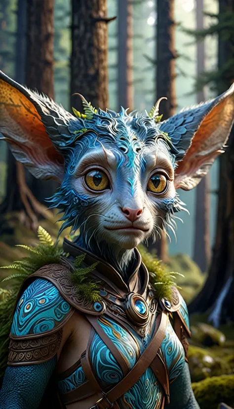 ，In the mountains and forests，A fantasy creature with a human face, two ears and four eyes(best quality，4K，8k，High level，masterpiece：1.2），Ultra Detailed，（lifelike，Photo real，Photo real：1.37），Highly detailed animals，Complex patterns，Realistic lighting