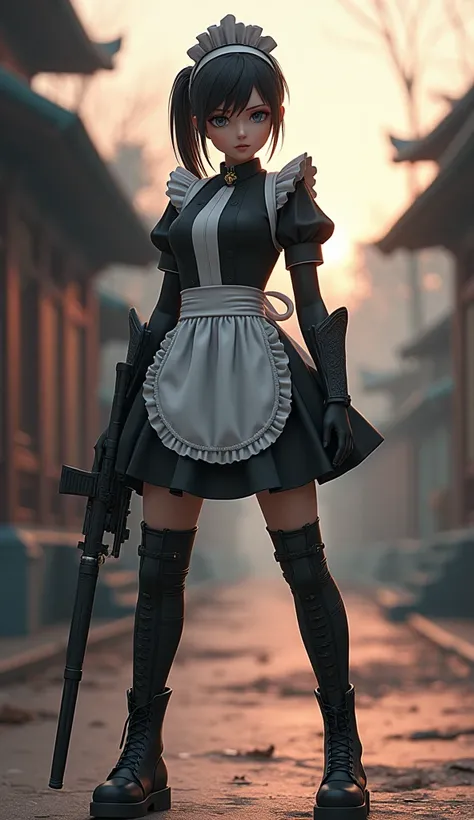 Super Realistic illustration of Battle Maid, whole body, Slim and muscular body, maid costume, white maid headband, thigh, black gloves, army boots, hyper realism, realistic, photo realistic, ultra-fine painting, sharp focus, physically-based rendering, ex...