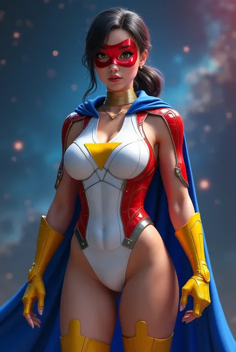 Woman, age 30-40, midde-aged, japanese, dark hair, low ponytail, muscular, strong, big breasts, gorgeous, full body, costume: red metallic domino mask, gold choker, blue cape, spandex, one-piece, sleeveless white suit with small red sides, up side down red...