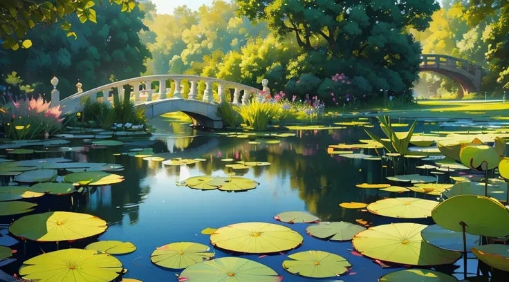 a pond filled with water lilies next to a bridge, brigh day sunlight pass through leaves cute style delicate digital painting, 2d cel shaded illustration, brigh vibrant tones flat shaded, cinematic shot