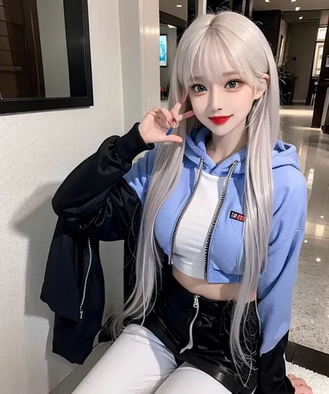 Woman blue hoodie jacket, black thick pant, red lipstick, makeup face, white hair, skinny pant, smile, not Ewaraj,