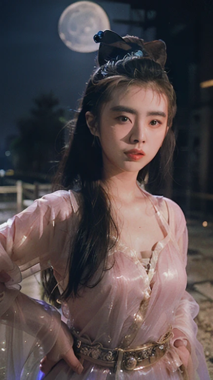 Nie Xiaoqian,Huan Su Xian, BG_picture,Wear ancient Chinese clothes (Translucent, Sparkling Pink Outfit:1.4), hair bun,alone,1 woman,long hair,angel,realistic,Chinese clothes,Hanfu,hair bun,lips,parted lips,look at the audience.,upper body(The background is...