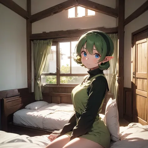 1girl, Bedroom setting, blue eyes, in bed, short and thin Saria has green curly hair, masterpiece, best quality, looking at viewer, concerned expression, saria (the legend of zelda), long pointy ears