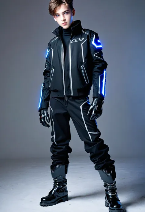 cyber ​​suit, cyber jacket, cyber gloves, cyber boots, handsome and cool young boy, 18 years old, tall, with sharp eyes