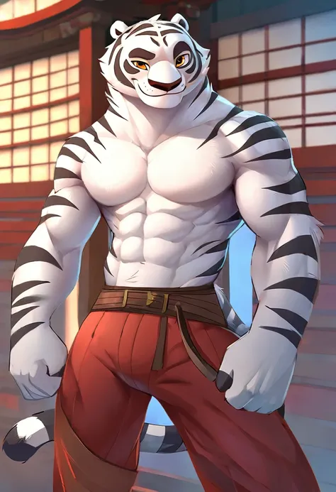 Kung Fu Panda cartoon, furry White Tiger, tall, fur white with black stripes, amber eyes, slender, handsome, extremely beautiful face, muscular body, six pack abs, gentle look, shirtless, wears red pants, brown belt, smile