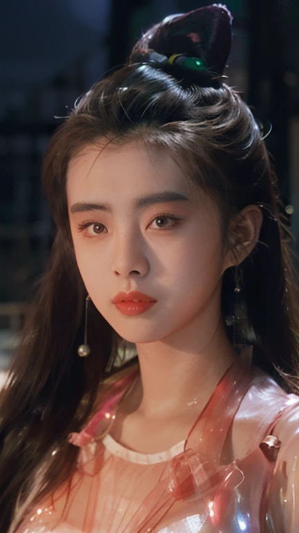 Nie Xiaoqian,Huan Su Xian, BG_picture,Wear ancient Chinese clothes (Translucent, Sparkling Pink Outfit:1.4), hair bun,alone,1 woman,long hair,angel,realistic,Chinese clothes,Hanfu,hair bun,lips,parted lips,look at the audience.,upper body(The background is...