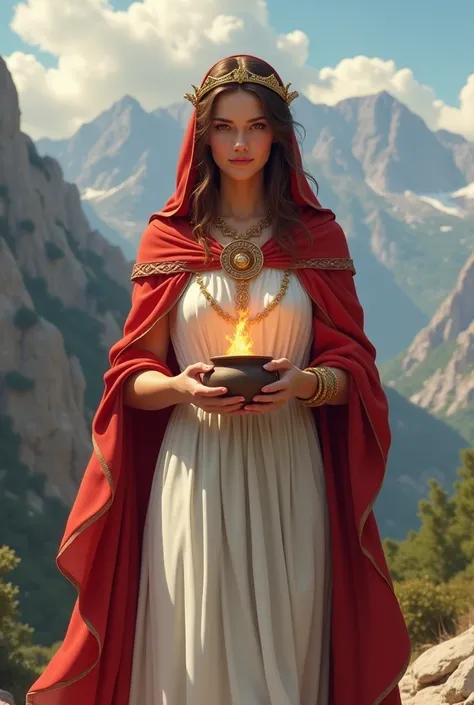 Greek Goddess Hestia holding a small pot with fire wearing white dress and red cape with hood and crown with golden necklace and bracelet, front view and HALF BODY. And Olympia mountain background 