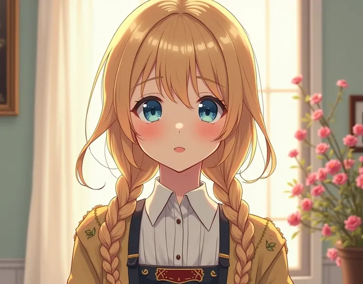 anime girl with blonde hair and blue eyes, wearing traditional dutch clothing with double braids