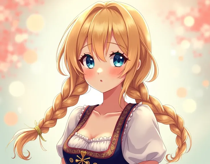 anime girl with blonde hair and blue eyes, wearing a Dirndl with double braids