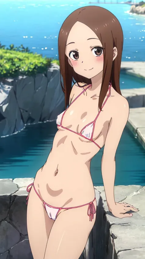 (masterpiece, 4K, Highest quality, anime style: 1.9, Detailed face, cute, Bold Line, High resolution, anime, alone, Curvaceous, Thighs, Cleavage, Center of chest, .Very slim belly, Cowboy Shot, 1 person,(((Small breasts,Short stature)))Naked in a swimsuit,...