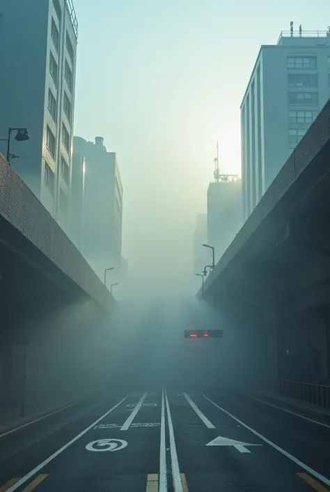 Mysterious Fog, Tokyo at dawn, hot summer, ((station rotary, giant bladeless blower installed to cool the city)), a small amount of scattered frost,