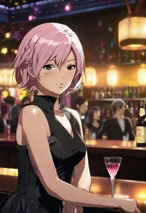 A woman at a night party, sitting at the bar, wearing a black party dress. She has the appearance of Sakura Haruno. She has feminine yellow-brown eyes, tanned and detailed brown skin, a small and beautiful bust, short pink hair, and a serious face with a t...