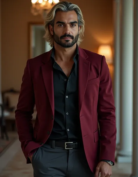 33-year-old Arabic-Egyptian man, towering at 216 cm, with dark skin, platinum blond short wavy swept-back hair, long black stubble, and a relaxed, confident demeanor. He has a lean, muscular build and wears a well-fitted black button-down shirt with a slig...