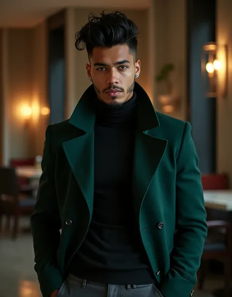 209 cm tall man with Mediterranean and Native American features, mysterious demeanor, and a guarded expression. He has dark brown skin, wavy jet-black faux hawk hair, and deep emerald green eyes. He wears a dark forest green high-collared coat over a black...