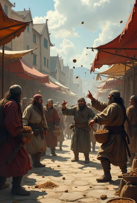 a group of medievel market guy throwing rocks