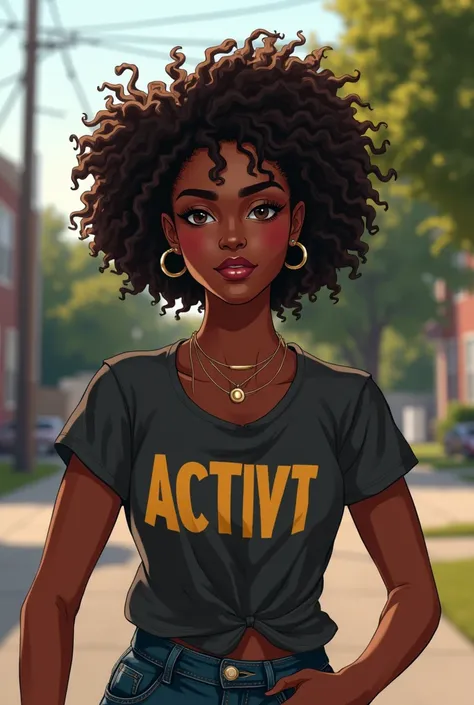 Create a young woman with brown skin., social activist who lives in the suburbs in the background has big curly hair and is an empowered woman who looks like a person a flag of activism