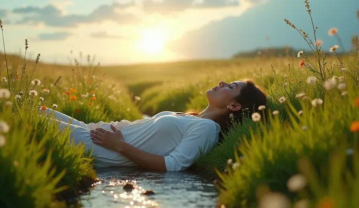 "A serene and poetic cinematic scene, Where a man or a woman lies in a vast field of green pastures under the soft light of the setting sun. The grass is vibrant, Gently swaying in the breeze. Ao fundo, A crystal-clear stream flows peacefully, reflecting t...