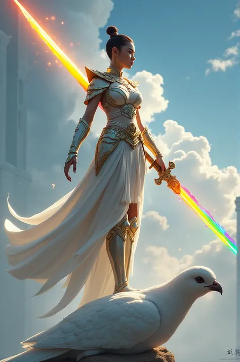 Thai female warrior with short hair, white and gold armor, rainbow sword weapon, standing on a white dove.