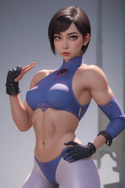 clothing, A woman with very short hair wearing armor doing a Chun-Li cosplay, feminine, Incredibly small、Narrow waist、Abdominal muscles、Waistline, Lower body circumference over 80 inches hip, She has a very large hip size, Worlds largest butt, Location Ran...