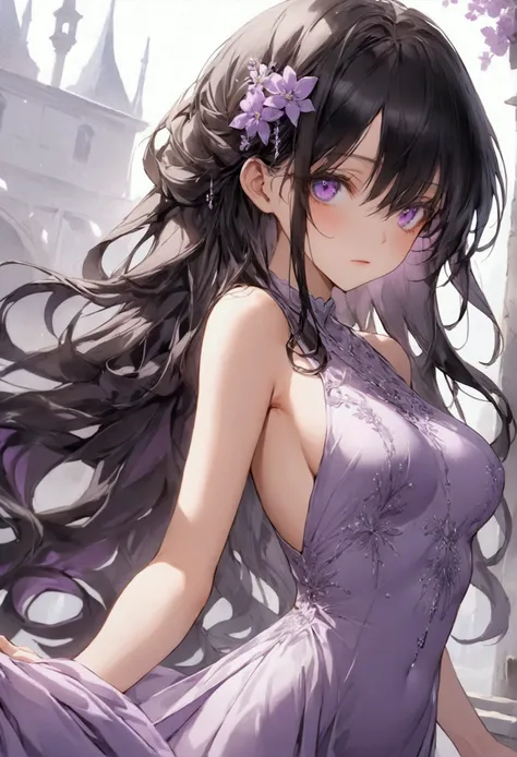 Anime girl with long black hair with (purple highlights) ,purple eyes,perfect body,sleeveless one-piece dress, detailed body, detailed eyes, masterpiece, best quality, aesthetic, standard pose