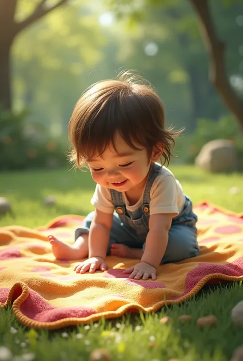 daytime，The child is playing，The little blanket beside it is placed on the ground，The edges are worn，Some parts of the fabric have small holes，but still full of color and warmth。