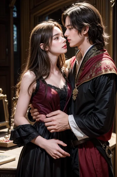 Two person 1 Neels Visser is a prince who has golden blond hair, wears a medieval military outfit and is in love with the commoner 2 Lily Collins, who has curly black hair and wears a red dress, the two kiss very affectionately, illustration of a romance b...