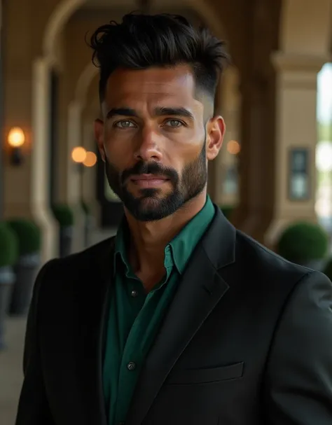 209 cm tall man with Mediterranean and Native American features, composed demeanor, and a deeply introspective nature. He has dark brown skin, wavy jet-black faux hawk hair, short scruffy black facial hair, and striking emerald green eyes. He wears a tailo...