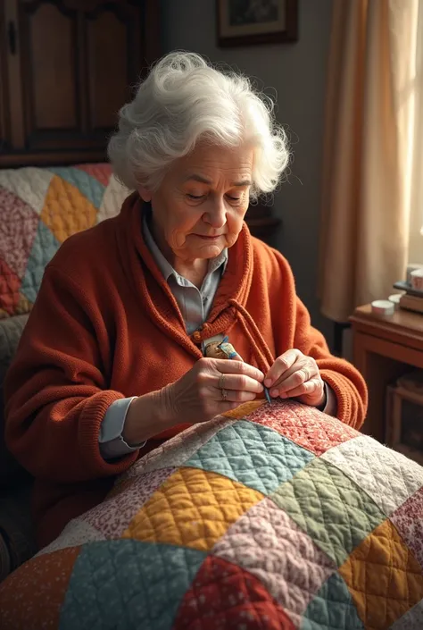 Grandma held the needle and thread,，While patching the quilt,，weaving a warm tale as she went,。the new fabric patches bright and vibrant,，intermingling with the old patterns,，making the quilt look brand new.。