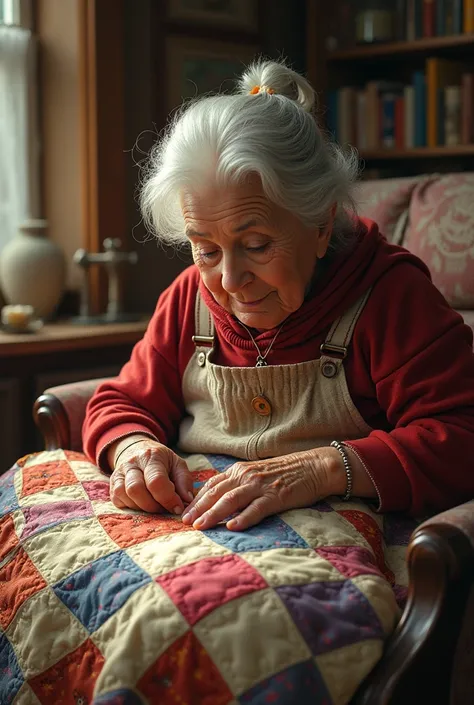 Grandma held the needle and thread,，While patching the quilt,，weaving a warm tale as she went,。the new fabric patches bright and vibrant,，intermingling with the old patterns,，making the quilt look brand new.。