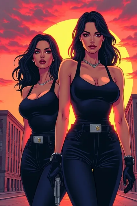 two beautiful female russian mobster, sunrise, russian suburban, in the style of vintage comic style, cartoon realism, curves, vibrant illustrations, cuberpunk