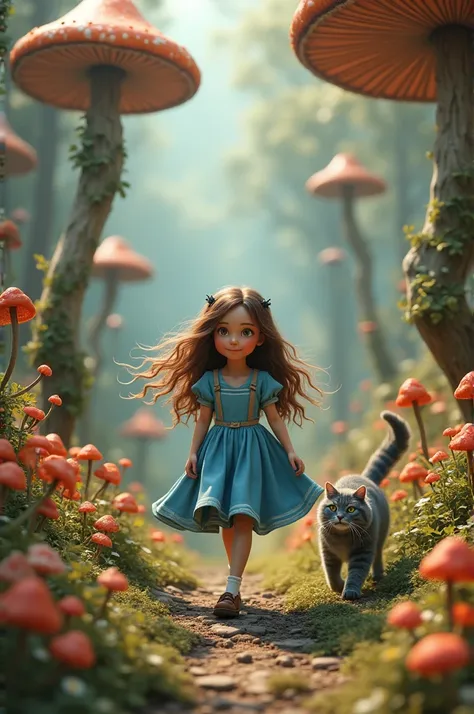 Alice in Wonderland but with brown hair and a grey cat 