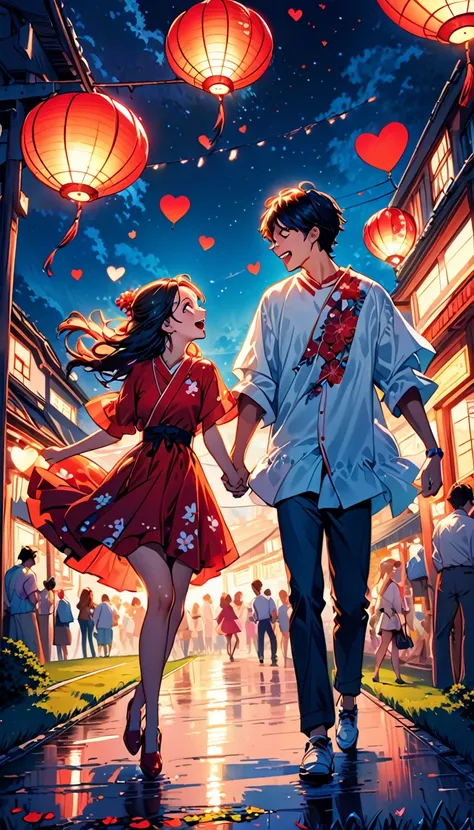 (Highest quality,Very detailed,Realistic:1.37),humor,Comic book style,Bold,Vibrant colors, Close to cool colors,Desaturate,Beautiful night view, A girl and a boy, Fun couple, Laughter, floating love,