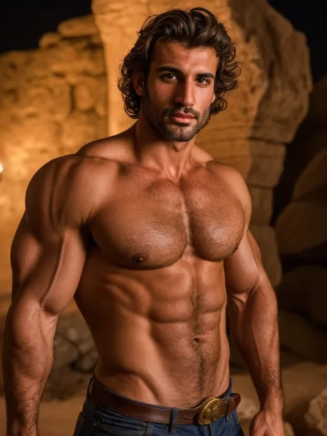 hair, italian man, portrait of a ruggedly handsome paladin, muscular, half body, masculine, mature, Retrato de un joven, Muscular very handsome and attractive Arabian warrior, A 40 years old male, Retrato de un joven, Muscular, real, no shirt, night, rock ...