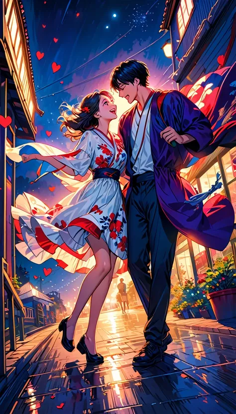 (Highest quality,Very detailed,Realistic:1.37),humor,Comic book style,Bold,Vibrant colors, Close to cool colors,Desaturate,Beautiful night view, A girl and a boy, Fun couple, Laughter, floating love,