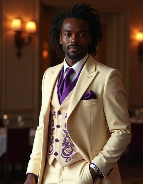 195 cm tall man with very dark skin and French-Nubian features, possessing an aura of refined elegance and romantic charm. He has medium-length curly hair, warm brown eyes, and a pleasant, yet enigmatic smile. He wears a deep ivory velvet three-piece suit ...