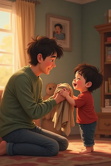 The grown-up protagonist has become a brother.，He handed the old blanket to his little brother.。The baby happily took the blanket.，The scene was full of warmth and a sense of legacy.。

