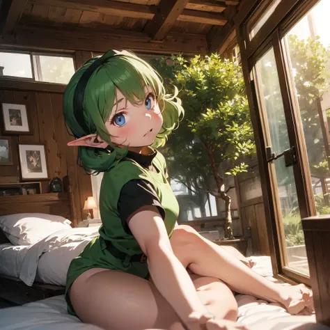 1girl, inside treehouse Bedroom setting, blue eyes, in bed, short and thin Saria has green curly hair, masterpiece, best quality, looking at viewer, angry expression, saria (the legend of zelda), long pointy ears
