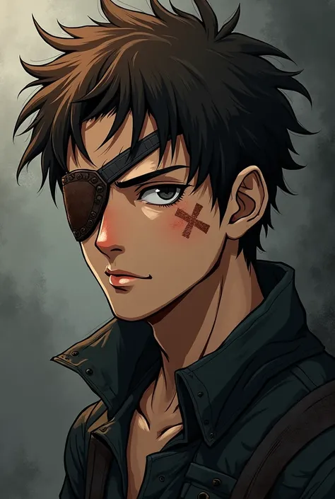 Anime guy with brown hair with an eyepatch and scars