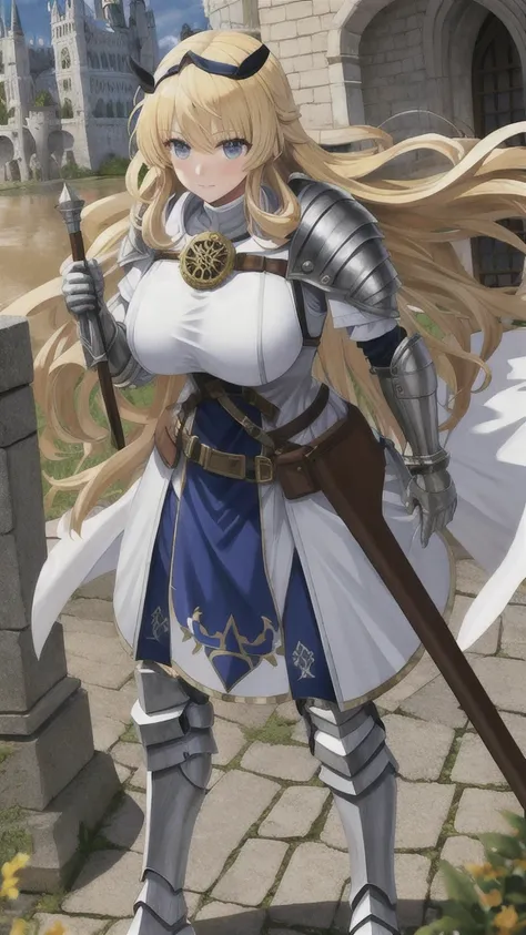 Adult female with blonde hair and large breasts，White Armor，tights，thigh，iron boots，Medieval European castles