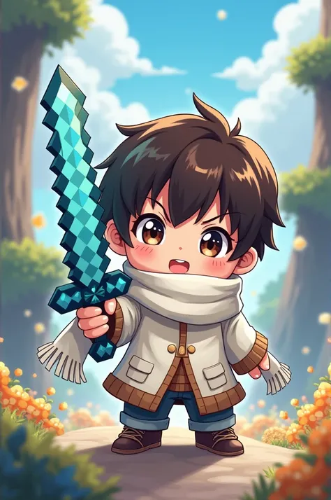 
anime chibi boy wears a white scarf and wears a white sweater and uses a minecraft diamond sword