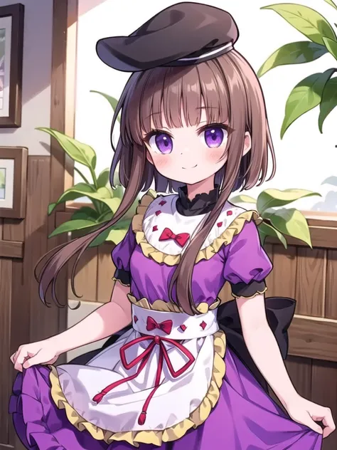 1girl, masterpiece, best quality, perfect hands, blush, smile, closed mouth, blunt bangs, nishida satono, hat, tate eboshi, short hair with long locks, brown hair, purple eyes, short sleeves, bow, purple dress, ribbon, frills, waist apron, ribbon, holding,...