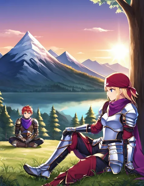 1girl, 1boy, (best quality, beruka, gauntlets), armor, purple scarf, black gloves, pants, boots, bandana on the head, sitting, in front, trees, mountain, beautiful scenery in the background, soft sunset, subtle reflections on the ground.