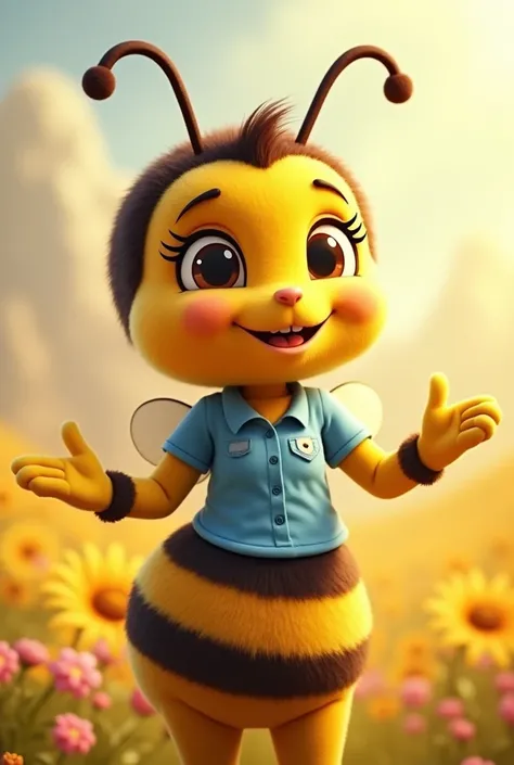 a female bee mascot with a gentle, sweet, and low smile, wearing a short blue shirt 