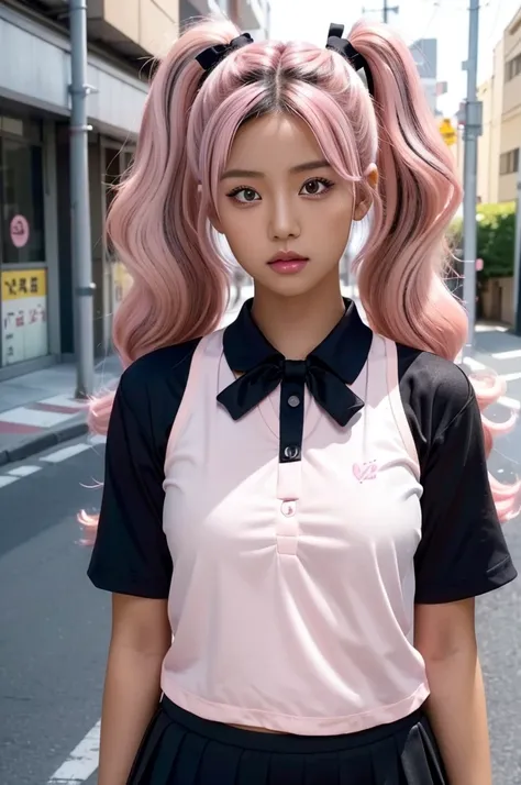 Japanese cute black gal wearing a cropped white Y-shirt and a black mini skirt, ((twin tail hair)), ((Pink hair)), (Wavy hair), (Wearing a black ribbon), (Orange Skin), (Light brown eyes), very young girl, 9 years old, Heavy makeup, (in the street), (((rea...