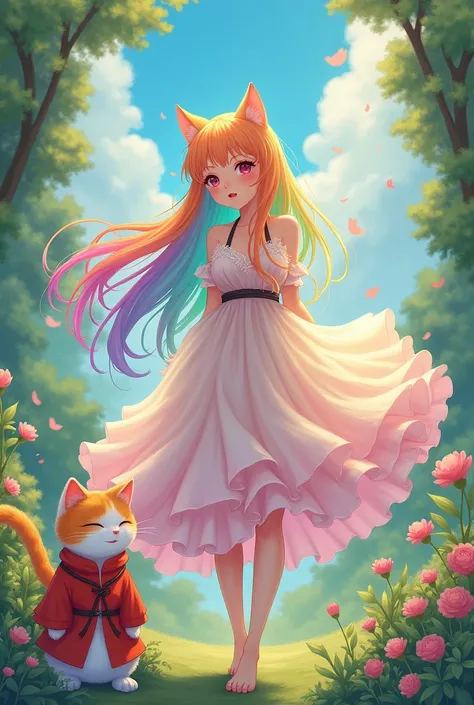 Rainbow haired  in fluffy dress with a fat white and orange cat wearing daoist robe anime style