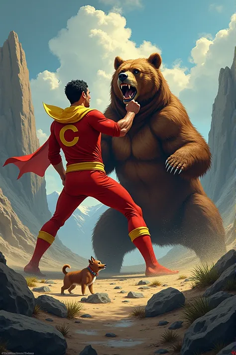 Generate an image of Chapolin defeating a bear in a battle, referencing a dog in an uptrend beating the bears in the cryptocurrency market 