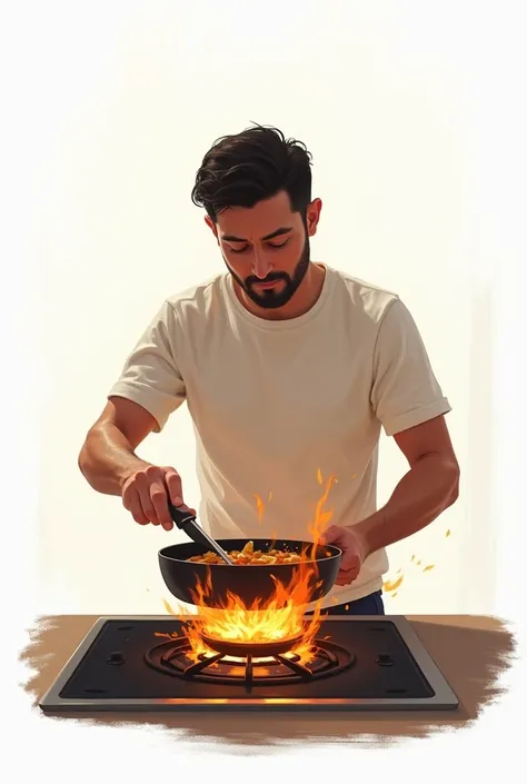 A man cooking with pan and have fire under the pan,background is white
