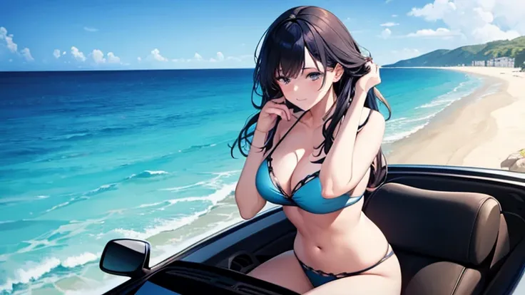 Please draw an illustration of a scantily clad woman driving an open-top car along a road by the sea.。The woman is relaxing with her hair blowing in the wind.、The blue sea and clear sky are in the background.。