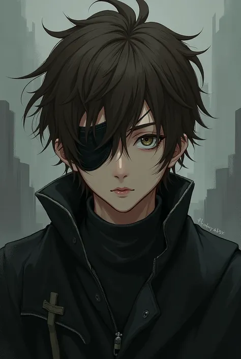 Anime guy with brown hair with an eyepatch and scars